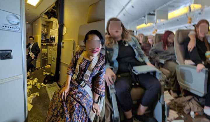 SIA cabin crew member photographed with a bloodied nose in a plane cabin littered with debris. (Pics via WhatsApp)